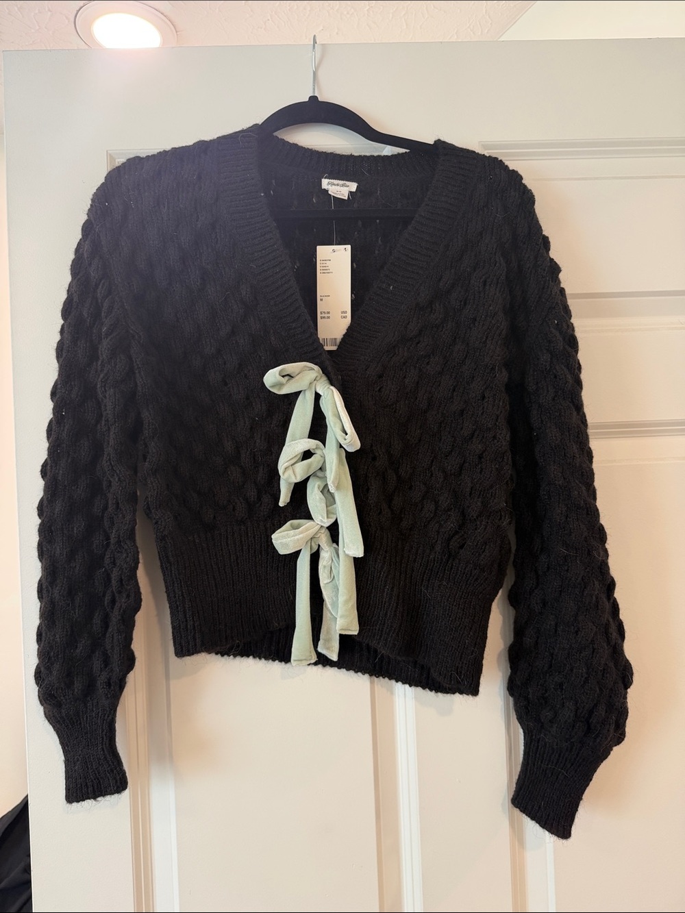 Kimchi Blue Black Cable Knit Tie-Front Cardigan with Mint Ties